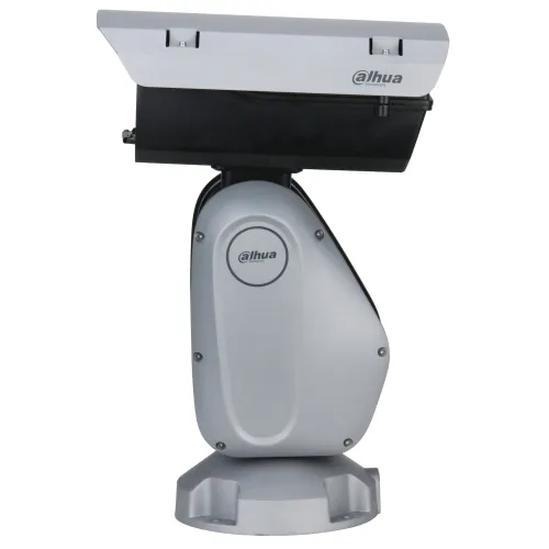 Na zdjęciu znajduje się srebrna kamera monitoringu marki Dahua, widoczna z boku. Kamera jest zamontowana na solidnej podstawie i ma nowoczesny, aerodynamiczny kształt.