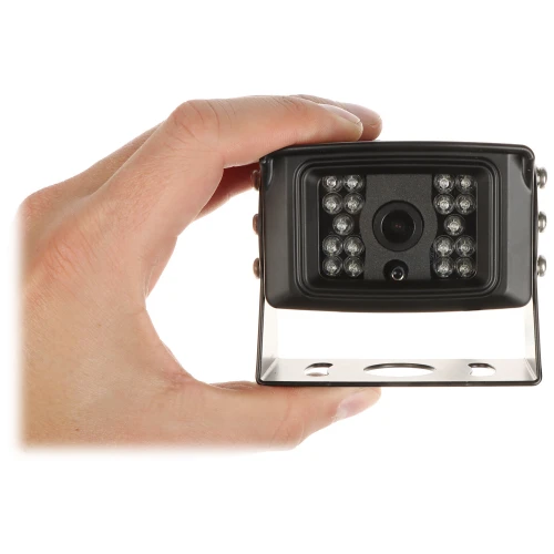 Kompaktowa kamera monitoringu w czarnej obudowie z widocznymi diodami LED wokół obiektywu. Kamera jest trzymana w dłoni, co podkreśla jej niewielkie rozmiary.