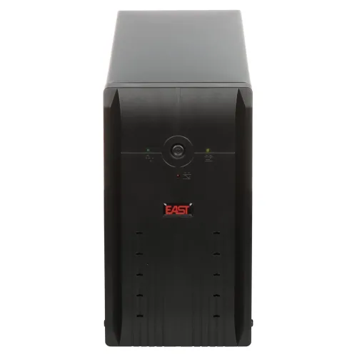 Czarny zasilacz awaryjny UPS z widocznymi diodami LED i przyciskiem na przednim panelu. Na środku znajduje się logo marki "EAST".
