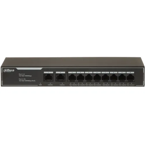 Na zdjęciu znajduje się czarny switch sieciowy marki Dahua z jedenastoma portami Ethernet na przednim panelu. Urządzenie ma prostokątny kształt i oznaczenia portów oraz wskaźników LED na górnej części.
