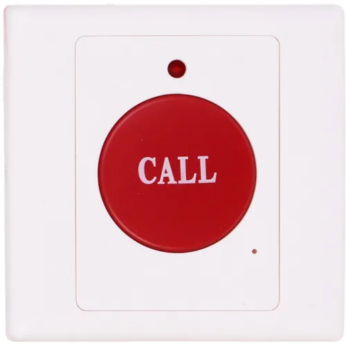 Kwadratowy biały panel z dużym czerwonym przyciskiem oznaczonym napisem "CALL". Nad przyciskiem znajduje się mała czerwona dioda.