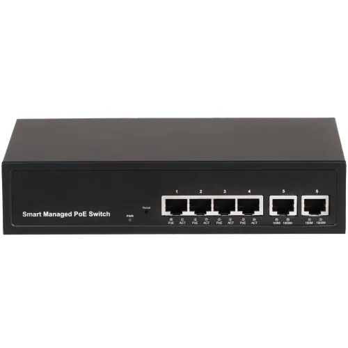 Na zdjęciu znajduje się czarny, prostokątny przełącznik sieciowy z sześcioma portami Ethernet na przednim panelu. Obok portów znajdują się diody LED oraz napis "Smart Managed PoE Switch".
