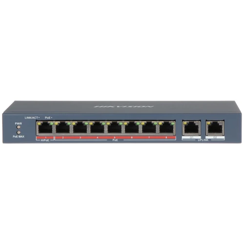 Na zdjęciu znajduje się przełącznik sieciowy marki Hikvision z ośmioma portami PoE oraz dwoma portami uplink. Urządzenie ma ciemną obudowę z oznaczeniami portów na przednim panelu.