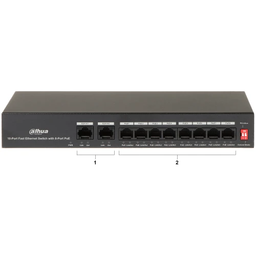 Na zdjęciu znajduje się 10-portowy przełącznik Fast Ethernet marki Dahua, wyposażony w 8 portów PoE. Urządzenie ma prostokątną, czarną obudowę z oznaczeniami portów na przednim panelu.