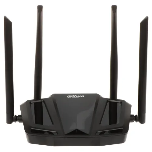Czarny router Dahua z czterema antenami skierowanymi do góry, widziany z przodu. Urządzenie ma nowoczesny, geometryczny design z logo Dahua na górze.