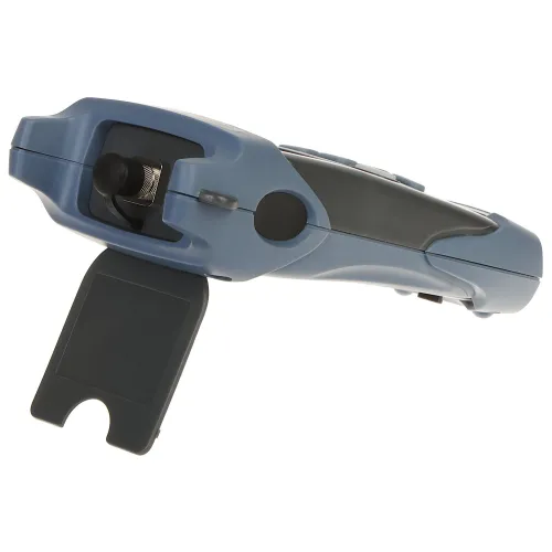 Na zdjęciu znajduje się niebieskie narzędzie ręczne z czarnymi elementami, widziane z tyłu. Narzędzie ma otwartą klapkę, odsłaniającą wewnętrzny mechanizm.