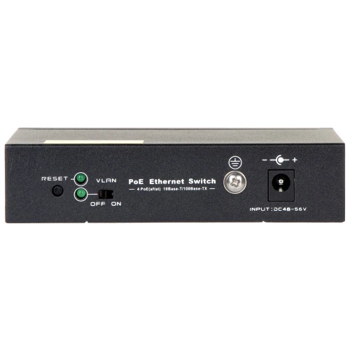 Na zdjęciu znajduje się tylny panel przełącznika PoE Ethernet z portem zasilania, przyciskiem resetu, przełącznikiem VLAN oraz diodami LED. Urządzenie obsługuje standard 10/100Base-TX i wymaga zasilania DC 48-56V.