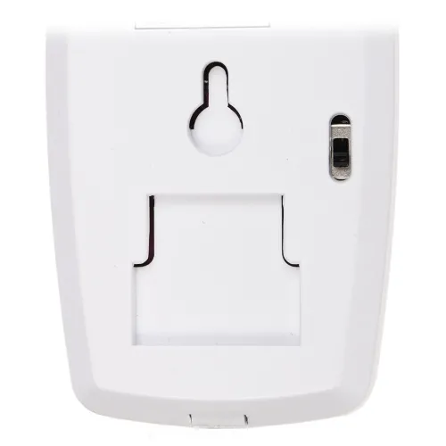 Zdjęcie przedstawia biały włącznik ścienny z widocznym przełącznikiem on/off po prawej stronie. W centralnej części znajduje się otwór montażowy w kształcie klucza.