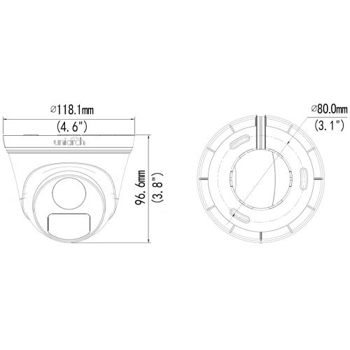 Schemat przedstawia wymiary kamery kopułkowej, z widokiem z przodu i z góry. Średnica kamery wynosi 118,1 mm, a wysokość 96,6 mm.