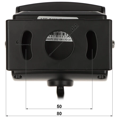 Zdjęcie przedstawia czarną kamerę z widocznymi wymiarami montażowymi: szerokość 80 mm, wysokość 50 mm i otwór o średnicy 21 mm. Kamera posiada solidną obudowę z otworami montażowymi po bokach.