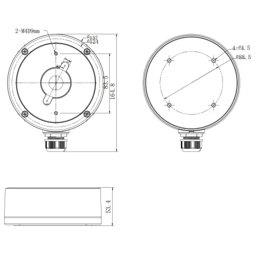 Schemat przedstawia wymiary okrągłej obudowy kamery z zaznaczonymi miejscami na śruby montażowe i otworami na przewody. Widoczne są trzy widoki: z przodu, z boku i z góry, z dokładnymi wymiarami w milimetrach.