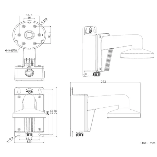 Schemat przedstawia wymiary uchwytu ściennego do kamery, z widokiem z przodu, z boku i z góry. Wymiary podane są w milimetrach, a rysunek zawiera szczegóły montażowe i otwory na śruby.