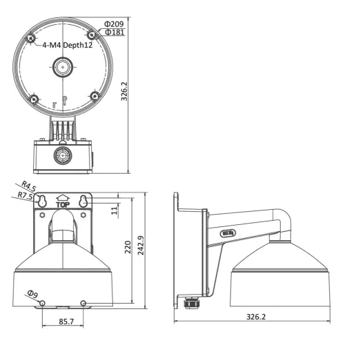 Schemat przedstawia wymiary kamery monitoringu z uchwytem montażowym, ukazane z trzech perspektyw: z przodu, z boku i z góry. Na rysunku widoczne są szczegółowe oznaczenia wymiarów w milimetrach oraz otworów montażowych.