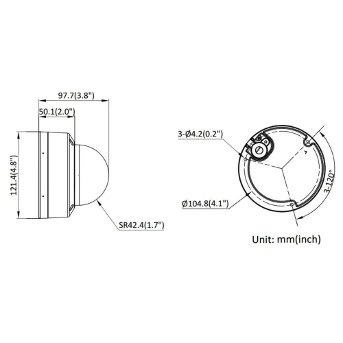 Schemat przedstawia wymiary kamery kopułkowej, z widokiem z boku i od dołu. Wymiary podane są w milimetrach i calach, z oznaczeniami średnic i odległości między otworami montażowymi.