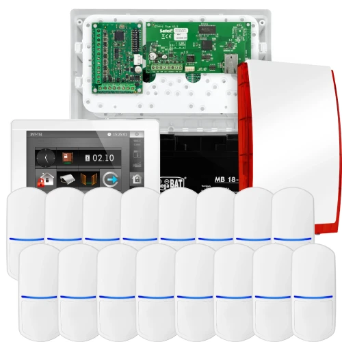 SATEL INTEGRA 32 riasztókészlet, 16x PET érzékelő, jelző, fehér INT-TSI-W kezelő