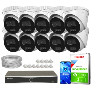 Zestaw do monitoringu składający się z dziesięciu kamer IP, rejestratora, dysku twardego Toshiba o pojemności 1 TB, kabla oraz złączek. Kamery są białe, a rejestrator i dysk są oznaczone markami HiLook i Toshiba.