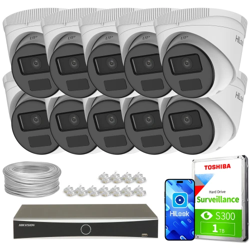Zestaw do monitoringu składający się z dziesięciu kamer IP, rejestratora, dysku twardego Toshiba o pojemności 1 TB oraz akcesoriów montażowych. Kamery są w kolorze białym z czarnymi elementami, a rejestrator ma prostokątny kształt z minimalistycznym designem.