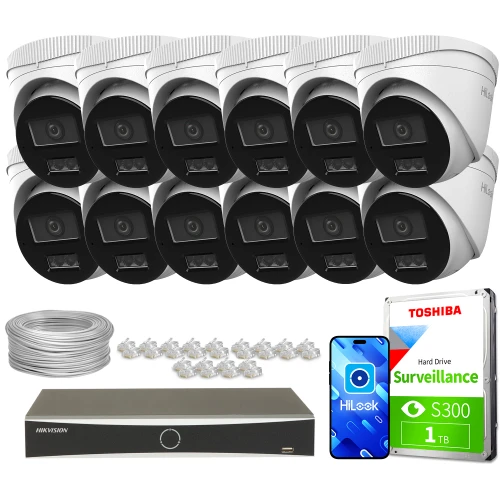 Zestaw do monitoringu składający się z dwunastu kamer IP, rejestratora, dysku twardego Toshiba o pojemności 1 TB, kabla oraz złączek. Kamery są ułożone w dwóch rzędach, a pozostałe elementy zestawu są rozmieszczone poniżej.