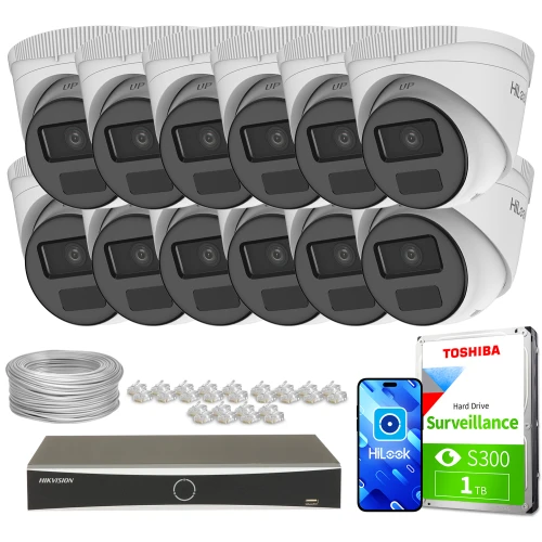 Zestaw do monitoringu składający się z dwunastu kamer kopułkowych, rejestratora, dysku twardego Toshiba oraz akcesoriów montażowych. Kamery są ułożone w dwóch rzędach, a obok nich znajdują się kable i złącza.