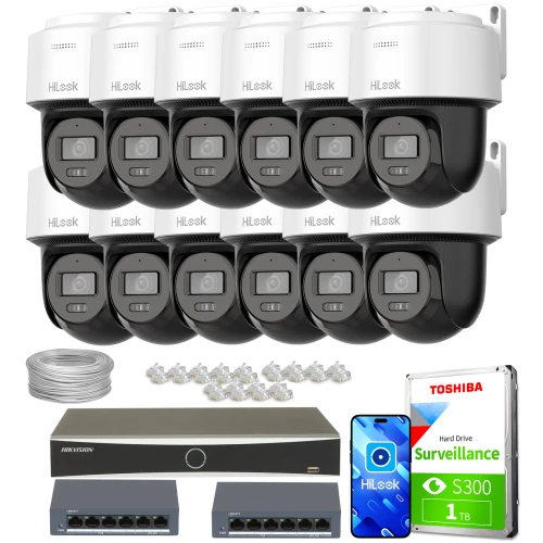 Zestaw do monitoringu składający się z dwunastu kamer HiLook, rejestratora Hikvision, dwóch switchów, dysku twardego Toshiba 1TB oraz akcesoriów montażowych. Kamery są ułożone w czterech rzędach po trzy, a pozostałe elementy zestawu są rozmieszczone poniżej.