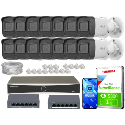 Zestaw do monitoringu składający się z czternastu kamer IP HiLook, rejestratora Hikvision, dwóch switchów, dysku twardego Toshiba oraz akcesoriów montażowych. Na zdjęciu widoczne są również przewody i złącza sieciowe.