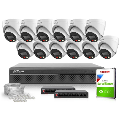 Zestaw do monitoringu składający się z szesnastu białych kamer IP marki Dahua, rejestratora, dwóch switchów, dysku twardego Toshiba oraz kabli i złączek. Kamery są ułożone w dwóch rzędach nad rejestratorem i akcesoriami.