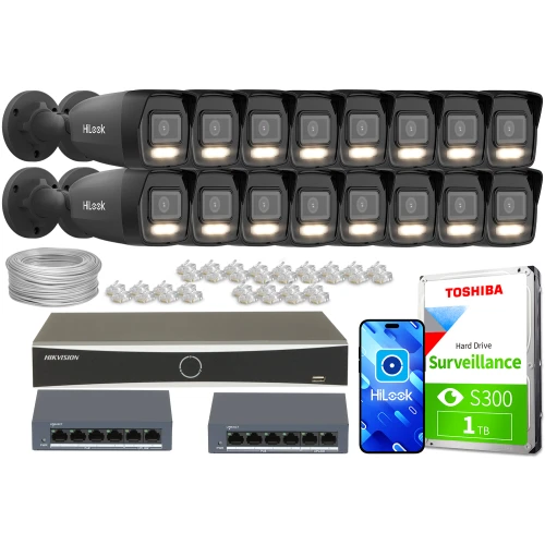 Zestaw do monitoringu składający się z szesnastu kamer HiLook, dwóch switchów, rejestratora, dysku twardego Toshiba oraz akcesoriów montażowych. Na zdjęciu widoczne są również przewody i złącza sieciowe.