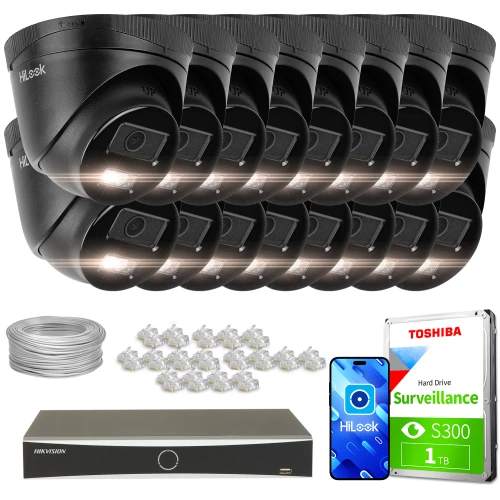 Zestaw do monitoringu składający się z szesnastu czarnych kamer kopułkowych, rejestratora, dysku twardego Toshiba oraz akcesoriów montażowych. Kamery są ułożone w dwóch rzędach, a obok nich znajdują się kable, złącza i opakowania produktów.