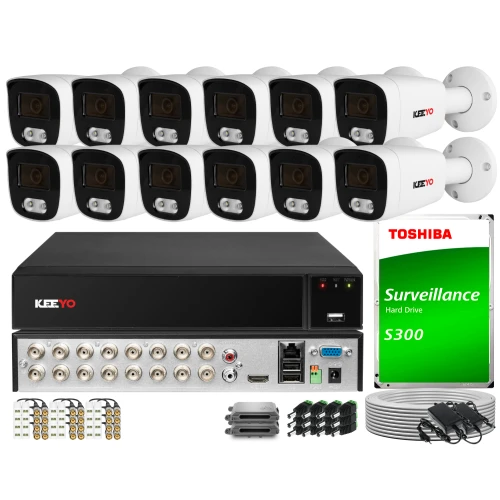 Zestaw do monitoringu składający się z dwunastu kamer, rejestratora oraz dysku twardego Toshiba S300. W zestawie znajdują się również kable, złącza i akcesoria montażowe.