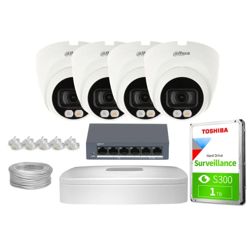 Zestaw do monitoringu składający się z czterech kamer, dysku twardego Toshiba o pojemności 1 TB, przełącznika sieciowego, rejestratora oraz kabli i złączek. Kamery są białe, a dysk twardy oznaczony jest jako model S300 przeznaczony do nadzoru.