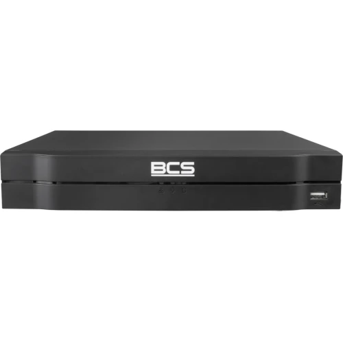 Czarny rejestrator BCS z logo na przednim panelu, wyposażony w port USB. Urządzenie ma prosty, nowoczesny design z gładką powierzchnią.