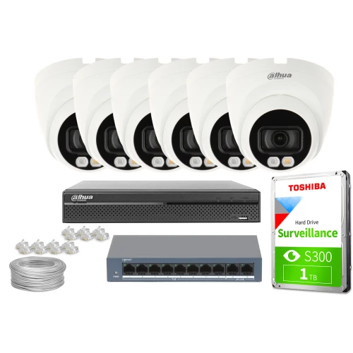 Zestaw do monitoringu składający się z sześciu kamer Dahua, rejestratora, dysku twardego Toshiba 1TB, przełącznika sieciowego oraz kabli i złączek. Kamery są białe, kopułkowe, a rejestrator i przełącznik mają czarną obudowę.