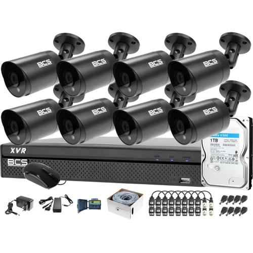 Zestaw do monitoringu składający się z rejestratora BCS-XVR0801-III, ośmiu kamer BCS-TQE4200IR3-G oraz dysku twardego o pojemności 1TB.