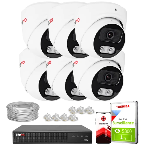 Na zdjęciu znajduje się zestaw do monitoringu, który obejmuje sześć białych kamer, rejestrator, kabel, złącza oraz dysk twardy Toshiba o pojemności 1 TB. Obok sprzętu widoczna jest grafika przedstawiająca aplikację BitVision na smartfonie.