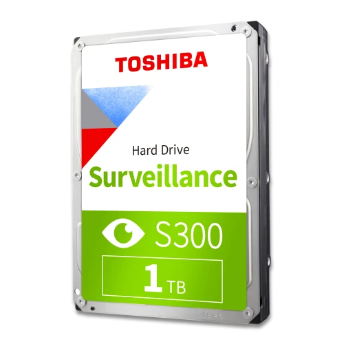 Na zdjęciu znajduje się dysk twardy Toshiba S300 Surveillance o pojemności 1 TB, przeznaczony do monitoringu. Etykieta dysku jest w kolorach białym, zielonym i czerwonym, z dużym napisem "Surveillance".