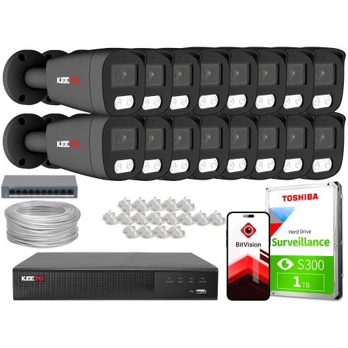 Zestaw do monitoringu składający się z szesnastu kamer, rejestratora, dysku twardego Toshiba, kabla sieciowego, złączek oraz aplikacji mobilnej BitVision. Kamery są czarne z logo KEEYO, a dysk ma pojemność 1 TB.