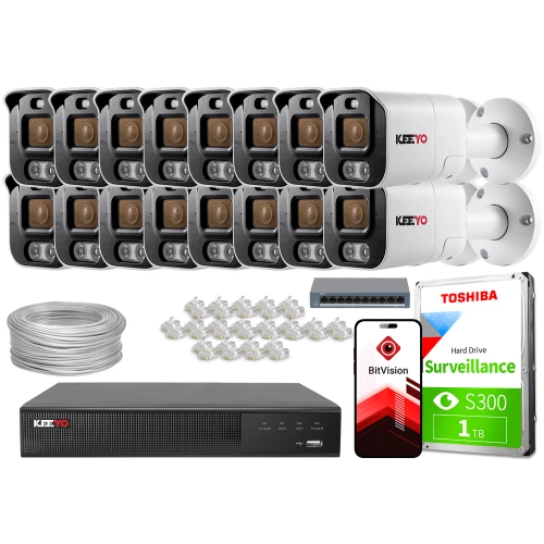 Zestaw do monitoringu składający się z szesnastu kamer, rejestratora, dysku twardego, kabla, złączek oraz przełącznika sieciowego. Na zdjęciu widoczne są również aplikacja mobilna BitVision i dysk Toshiba o pojemności 1 TB.