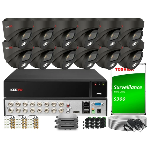 Zestaw do monitoringu składający się z dziesięciu kamer, rejestratora oraz dysku twardego Toshiba S300. W zestawie znajdują się również kable, złącza i akcesoria montażowe.