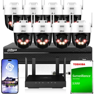 Zestaw do monitoringu składający się z ośmiu kamer Wi-Fi, rejestratora, routera oraz dysku twardego Toshiba. Na zdjęciu widoczny jest również smartfon z aplikacją do zarządzania systemem monitoringu.