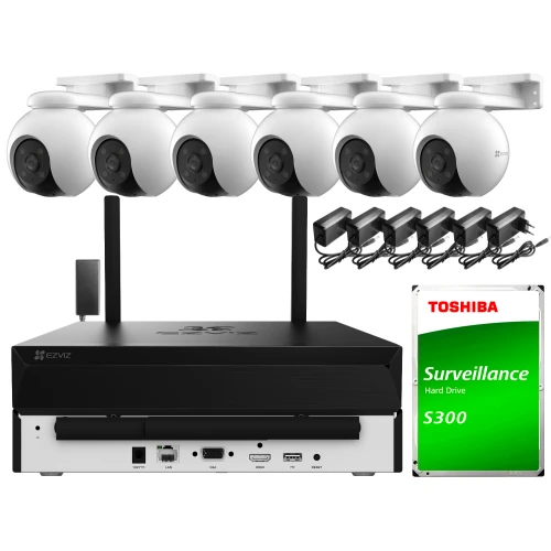 Zestaw do monitoringu składający się z sześciu białych kamer Wi-Fi, rejestratora oraz dysku twardego Toshiba S300. Kamery są zamontowane na białych uchwytach, a obok rejestratora znajdują się zasilacze.