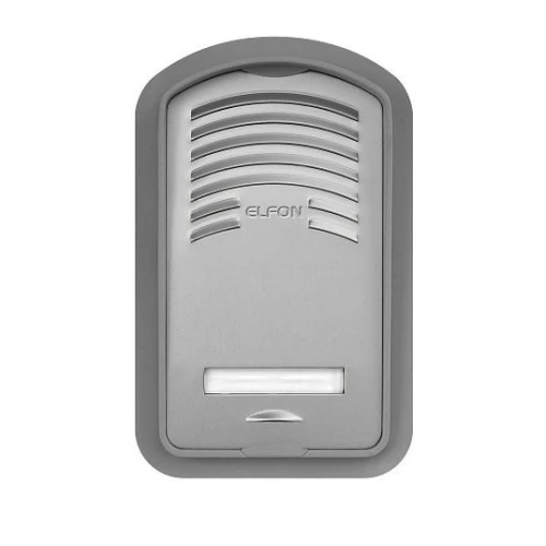 Zdjęcie przedstawia srebrny panel domofonu z logo "Elfon" na górze. Panel ma prostokątny kształt z zaokrąglonymi rogami i widocznym przyciskiem na dole.