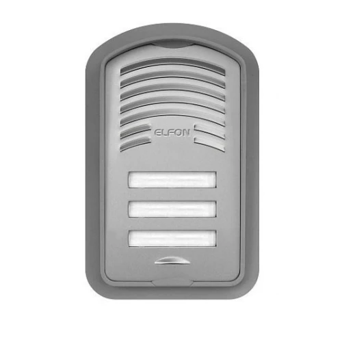 Zdjęcie przedstawia srebrny panel domofonu z trzema przyciskami i głośnikiem, umieszczony na szarym tle. Na panelu widnieje logo producenta.