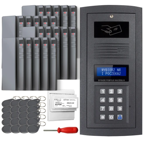 Zestaw domofonowy cyfrowy składający się z panelu z klawiaturą numeryczną, wyświetlaczem i czytnikiem kart zbliżeniowych, a także kilku breloków, modułów i śrubokręta. Panel jest w kolorze czarnym, a pozostałe elementy są w odcieniach szarości i czerwieni.