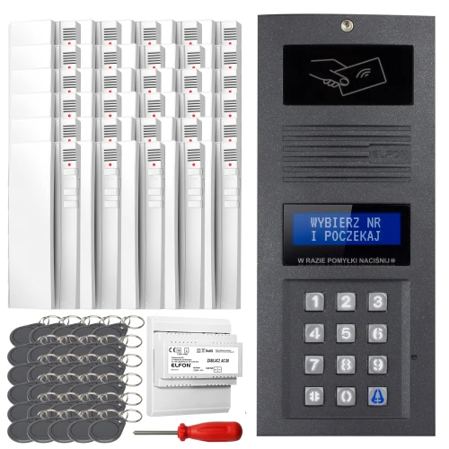 Zestaw domofonowy cyfrowy składający się z panelu z klawiaturą numeryczną, wyświetlaczem i czytnikiem kart zbliżeniowych, a także kilku unifonów, breloków zbliżeniowych, modułu zasilającego i śrubokręta. Panel frontowy posiada instrukcję obsługi w języku polskim.