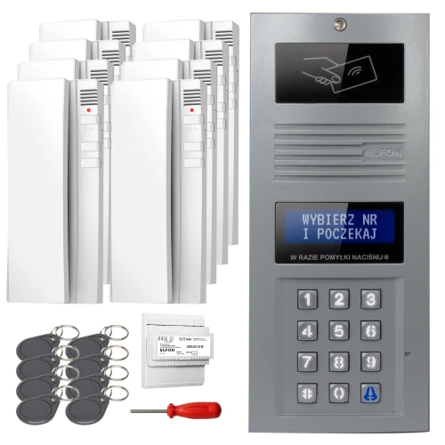 Zestaw domofonowy cyfrowy składający się z panelu z klawiaturą numeryczną, wyświetlaczem i czytnikiem kart, kilku białych unifonów, breloków zbliżeniowych, śrubokręta oraz modułu elektronicznego. Panel frontowy jest w kolorze srebrnym z niebieskim wyświetlaczem, a unifony są białe z czerwonymi dioda