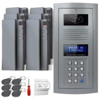 Zestaw domofonowy cyfrowy składający się z panelu z klawiaturą numeryczną i wyświetlaczem, kilku słuchawek domofonowych, breloków RFID, śrubokręta oraz modułu elektronicznego. Panel główny posiada miejsce na kartę zbliżeniową oraz przyciski do wybierania numerów.
