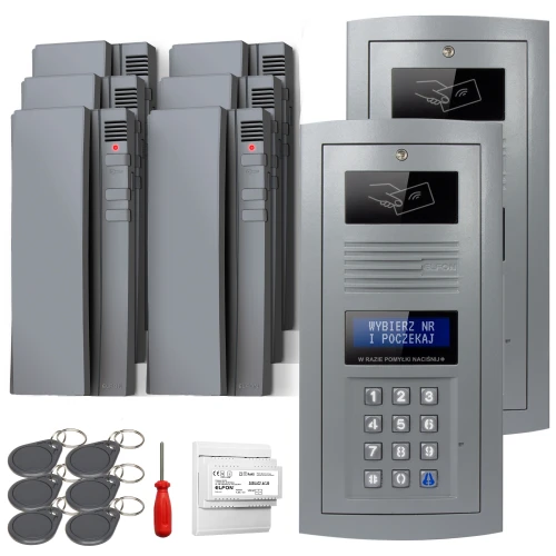 Zestaw domofonowy cyfrowy składający się z panelu z klawiaturą numeryczną, kilku słuchawek, breloków zbliżeniowych, śrubokręta i modułu elektronicznego. Panel główny posiada ekran i miejsce na przyłożenie karty zbliżeniowej.