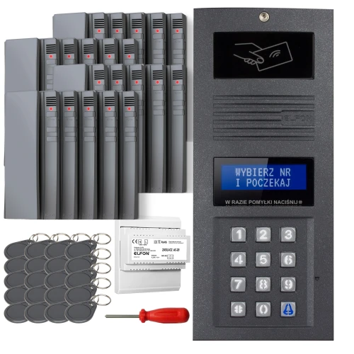 Zestaw domofonowy podtynkowy składający się z panelu z klawiaturą numeryczną, breloków zbliżeniowych, śrubokręta oraz dodatkowych modułów. Panel posiada ekran do wyświetlania informacji oraz miejsce na przyłożenie karty zbliżeniowej.
