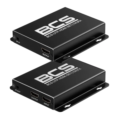 Na zdjęciu znajdują się dwa czarne konwertery BCS z portami HDMI i oznaczeniami wejść oraz wyjść. Urządzenia mają kompaktowy, prostokątny kształt i są przeznaczone do przesyłania sygnału wideo.