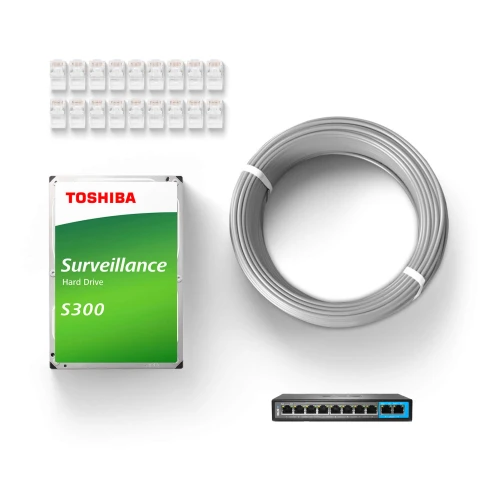 Zestaw do monitoringu składający się z dysku twardego Toshiba S300, kabla sieciowego, przełącznika sieciowego oraz złączek RJ45. Elementy są rozmieszczone na białym tle.